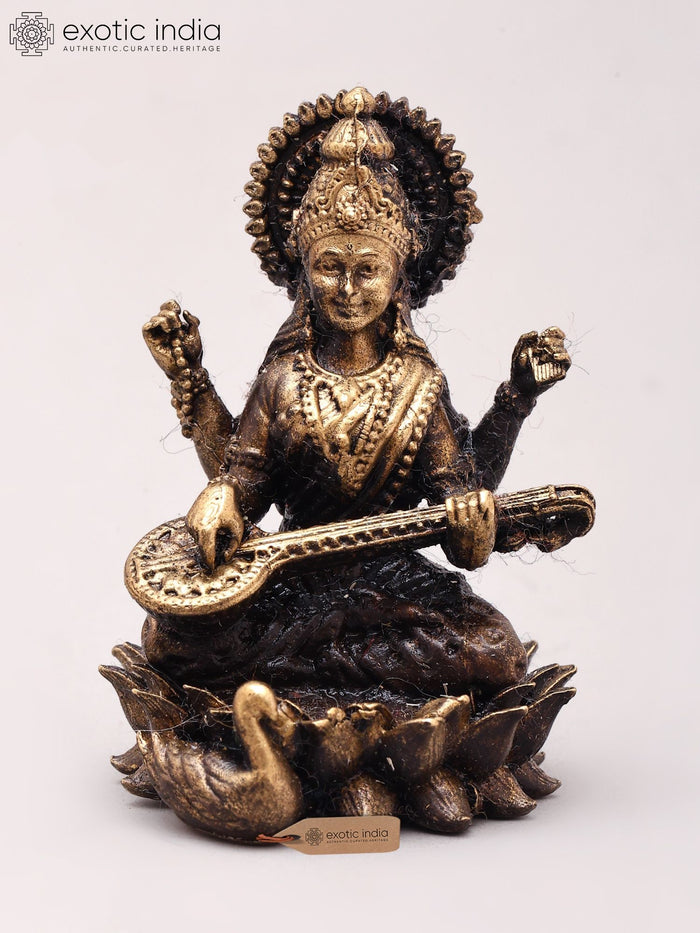 Small Goddess Saraswati Seated on Lotus | Copper Statue