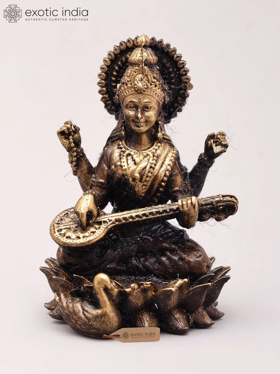 Small Goddess Saraswati Seated on Lotus Copper Statue