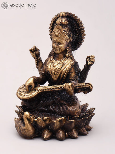 Small Goddess Saraswati Seated on Lotus | Copper Statue