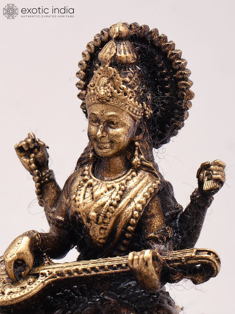 Small Goddess Saraswati Seated on Lotus | Copper Statue