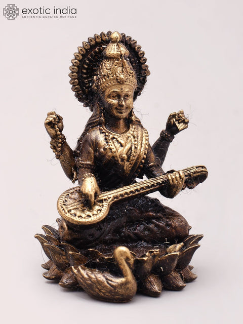 Small Goddess Saraswati Seated on Lotus | Copper Statue