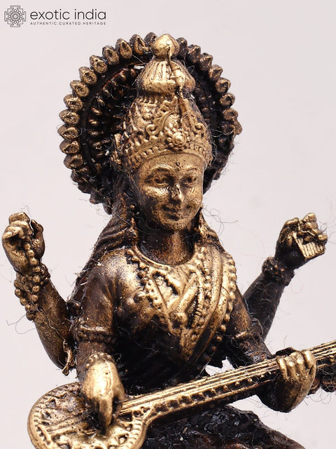 Small Goddess Saraswati Seated on Lotus | Copper Statue