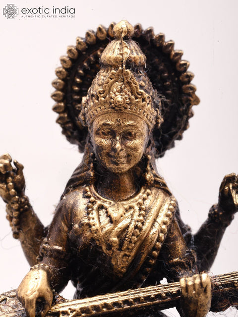 Small Goddess Saraswati Seated on Lotus | Copper Statue