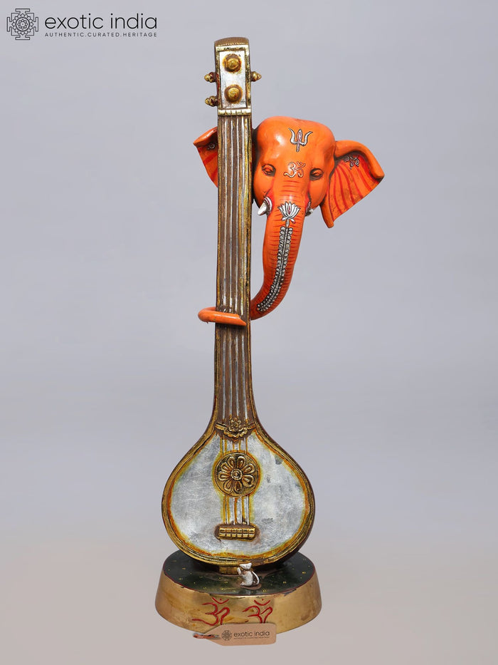 28'' Stylized Ganesha Head Playing Veena with His Trunk | Modern Art Brass Statue