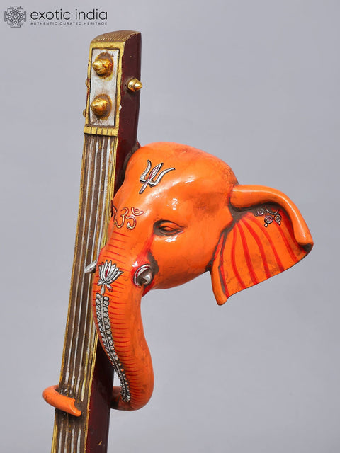 28'' Stylized Ganesha Head Playing Veena with His Trunk | Modern Art Brass Statue