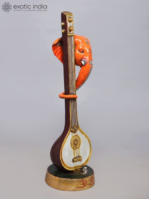 28'' Stylized Ganesha Head Playing Veena with His Trunk | Modern Art Brass Statue