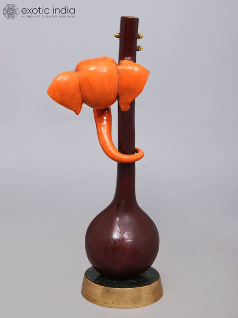 28'' Stylized Ganesha Head Playing Veena with His Trunk | Modern Art Brass Statue