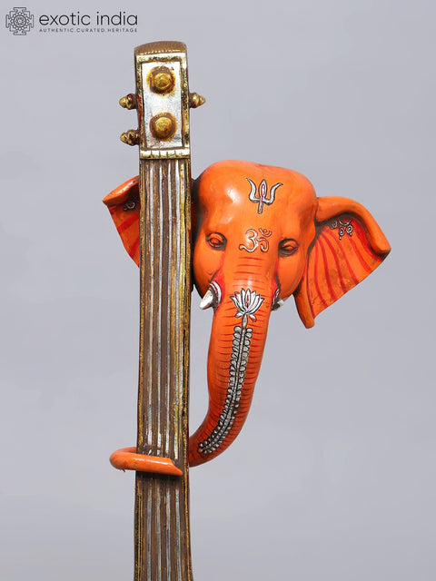 28'' Stylized Ganesha Head Playing Veena with His Trunk | Modern Art Brass Statue