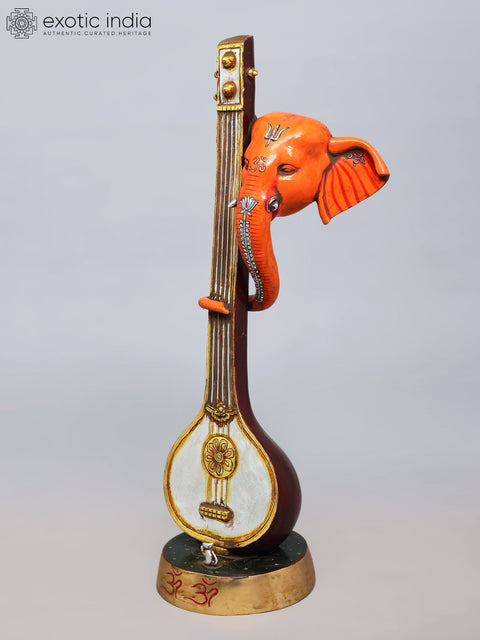 28'' Stylized Ganesha Head Playing Veena with His Trunk | Modern Art Brass Statue