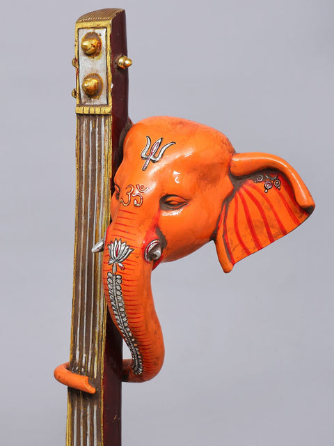 28'' Stylized Ganesha Head Playing Veena with His Trunk | Modern Art Brass Statue