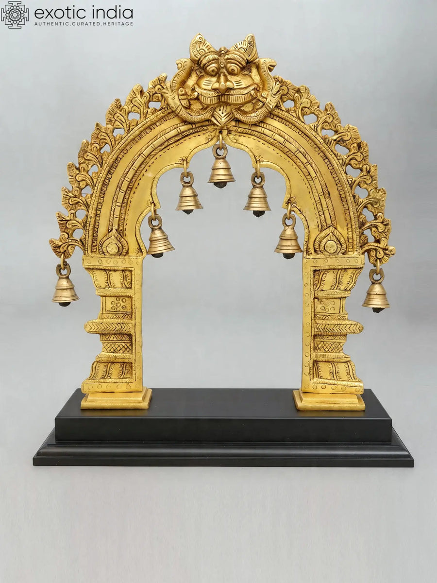 32'' Large Brass Kirtimukha Prabhavali Arch Statue with Wood Base