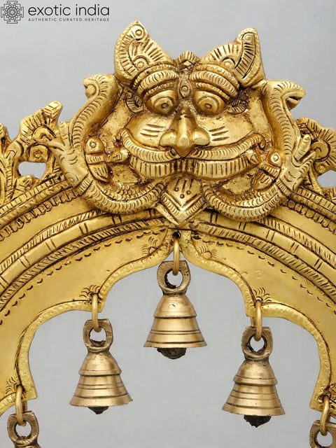 32'' Large Designer Brass Kirtimukha Prabhavali (Arch) with Wood Base