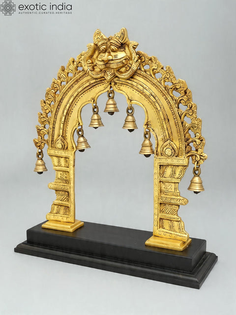 32'' Large Designer Brass Kirtimukha Prabhavali (Arch) with Wood Base