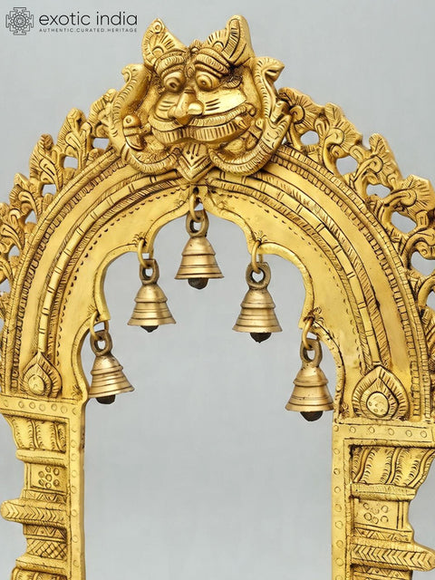 32'' Large Designer Brass Kirtimukha Prabhavali (Arch) with Wood Base