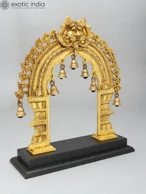 32'' Large Designer Brass Kirtimukha Prabhavali (Arch) with Wood Base