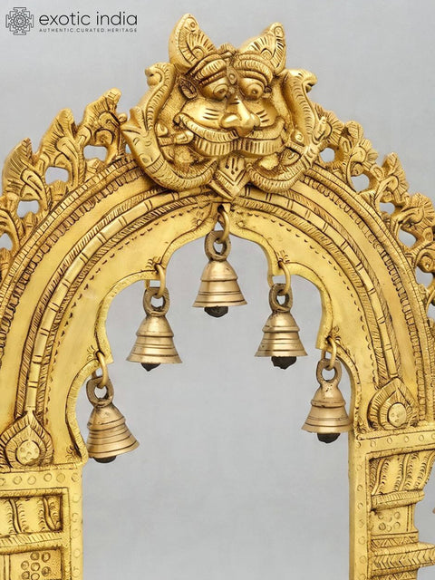 32'' Large Designer Brass Kirtimukha Prabhavali (Arch) with Wood Base