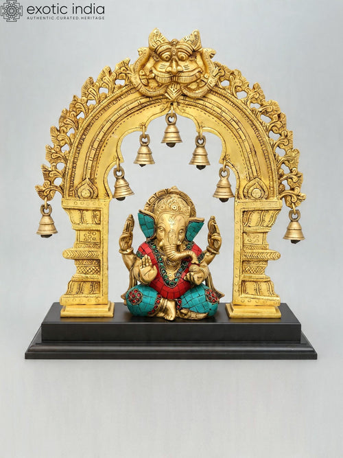 16" Blessing Lord Ganesha Brass Statue with Kirtimukha Parbhavali