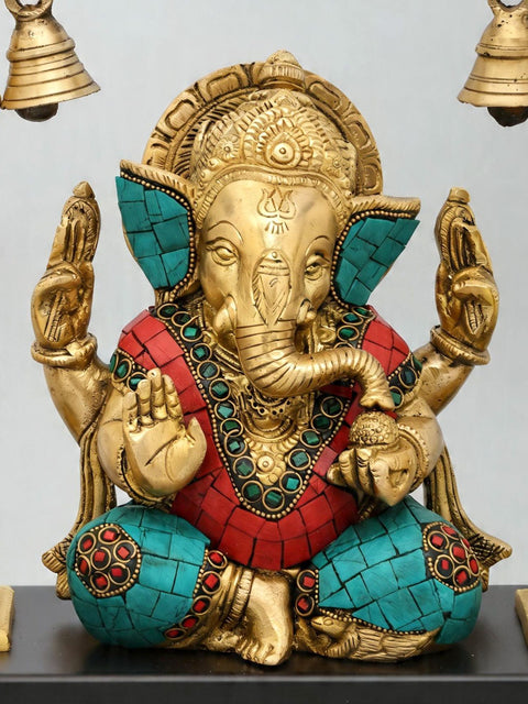 16'' Blessing Lord Ganesha Statue with Kirtimukha Parbhavali | Brass and Wood