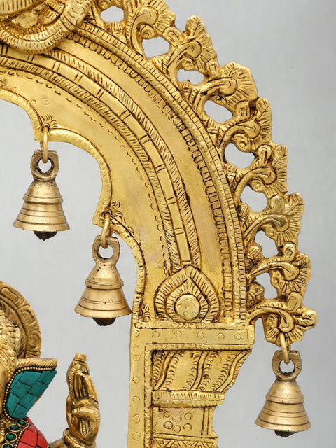 16'' Blessing Lord Ganesha Statue with Kirtimukha Parbhavali | Brass and Wood