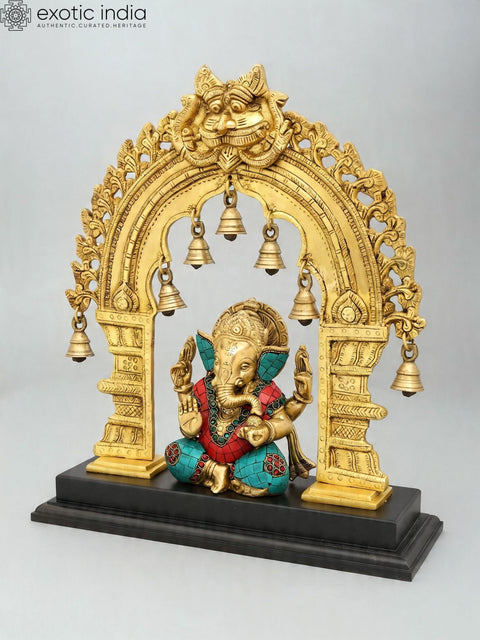 16'' Blessing Lord Ganesha Statue with Kirtimukha Parbhavali | Brass and Wood