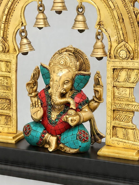 16'' Blessing Lord Ganesha Statue with Kirtimukha Parbhavali | Brass and Wood