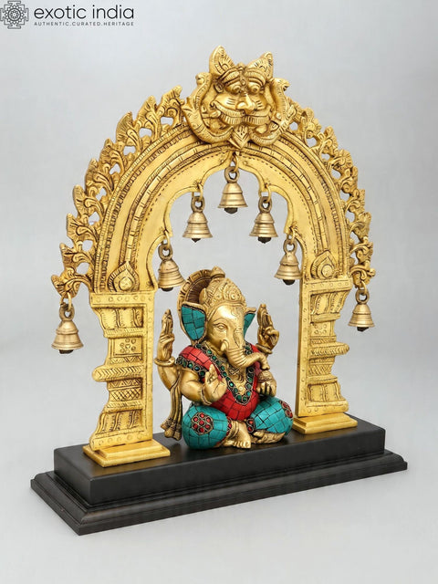 16'' Blessing Lord Ganesha Statue with Kirtimukha Parbhavali | Brass and Wood
