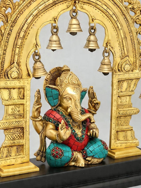 16'' Blessing Lord Ganesha Statue with Kirtimukha Parbhavali | Brass and Wood