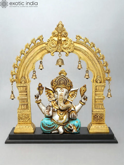 24'' Blessing Lord Ganesha with Kirtimukha Prabhavali | Brass Statue with Wood Base