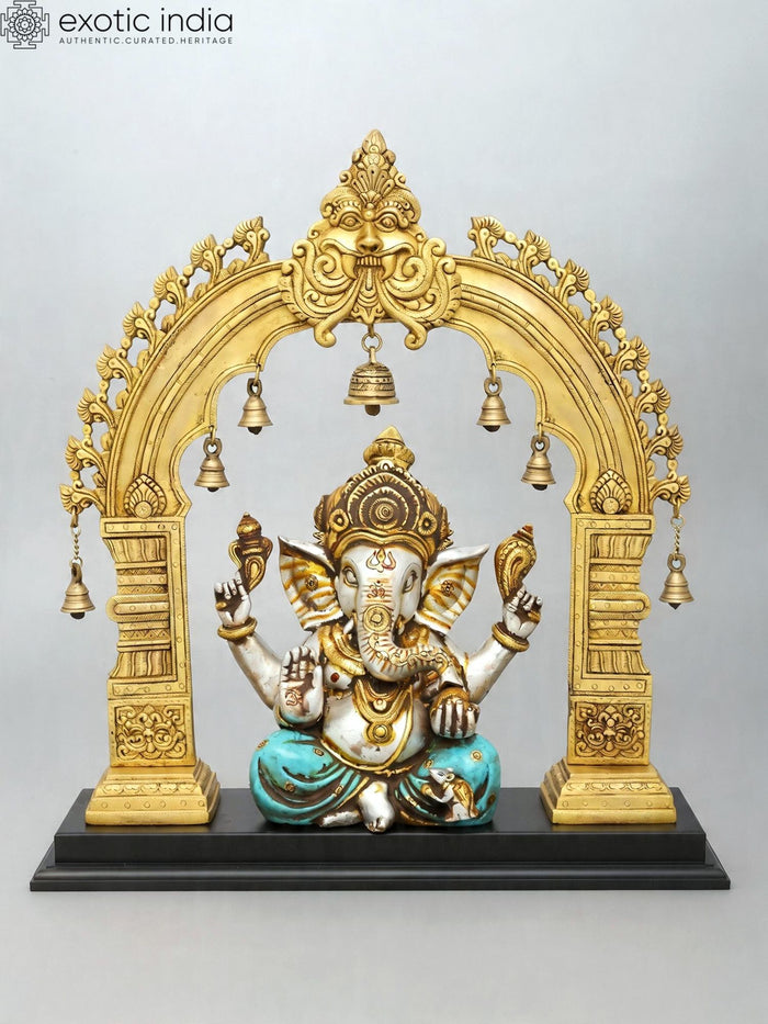 24'' Blessing Lord Ganesha with Kirtimukha Prabhavali | Brass Statue with Wood Base