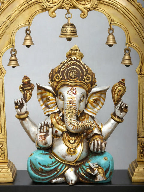 24'' Blessing Lord Ganesha with Kirtimukha Prabhavali | Brass Statue with Wood Base