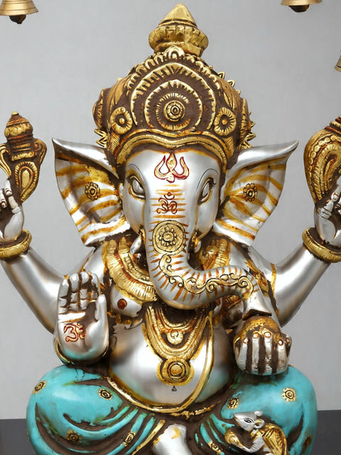 24'' Blessing Lord Ganesha with Kirtimukha Prabhavali | Brass Statue with Wood Base