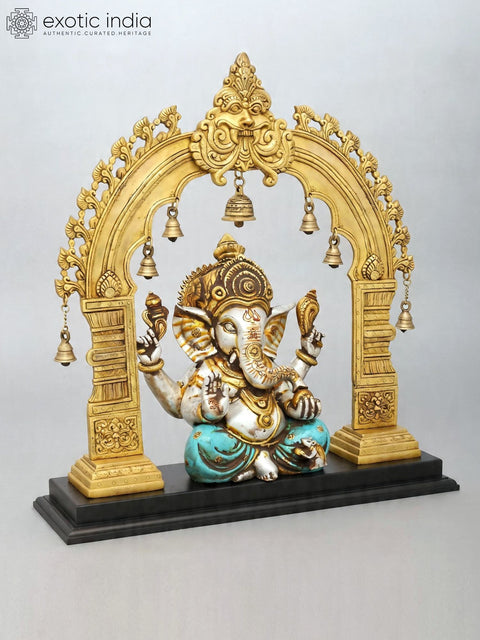 24'' Blessing Lord Ganesha with Kirtimukha Prabhavali | Brass Statue with Wood Base