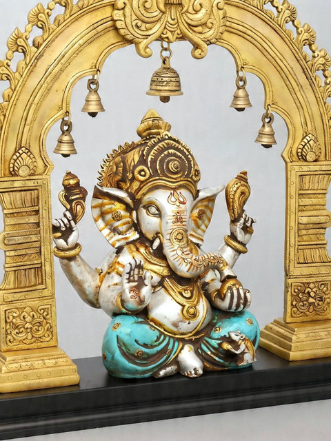 24'' Blessing Lord Ganesha with Kirtimukha Prabhavali | Brass Statue with Wood Base