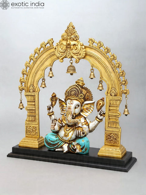 24'' Blessing Lord Ganesha with Kirtimukha Prabhavali | Brass Statue with Wood Base