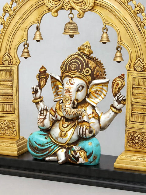 24'' Blessing Lord Ganesha with Kirtimukha Prabhavali | Brass Statue with Wood Base