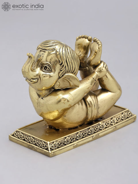 4'' Small Superfine Baby Ganesha Doing Yoga | Brass Statue