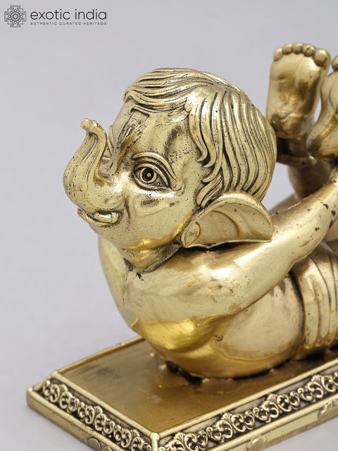 4'' Small Superfine Baby Ganesha Doing Yoga | Brass Statue