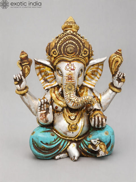 12'' Divine Chaturbhuja Lord Ganesha in Blessing Form | Brass Idol