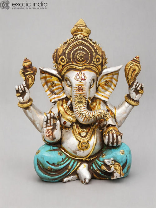 12" Divine Chaturbhuja Ganesha Blessing Form Brass Idol
