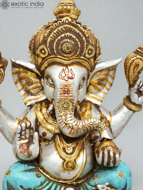 12'' Divine Chaturbhuja Lord Ganesha in Blessing Form | Brass Idol
