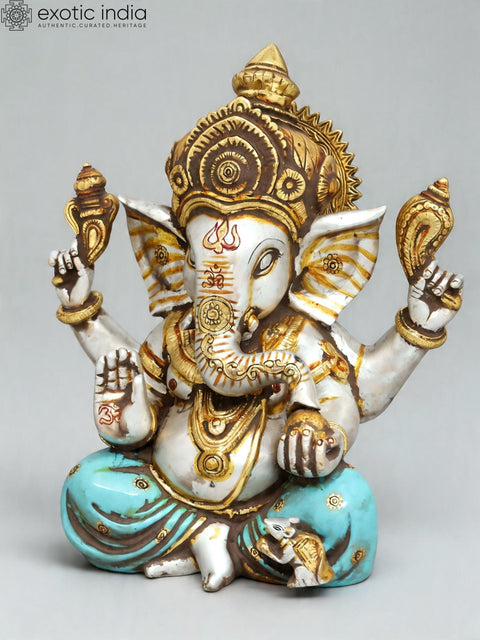 12'' Divine Chaturbhuja Lord Ganesha in Blessing Form | Brass Idol