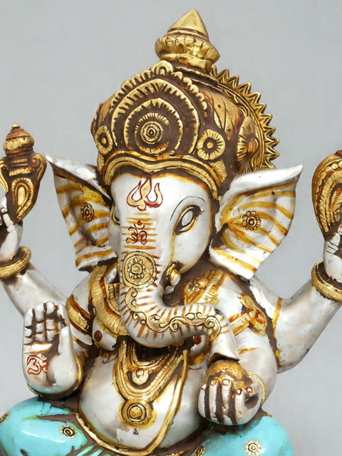 12'' Divine Chaturbhuja Lord Ganesha in Blessing Form | Brass Idol