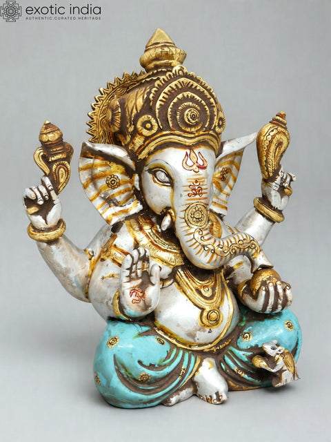 12'' Divine Chaturbhuja Lord Ganesha in Blessing Form | Brass Idol