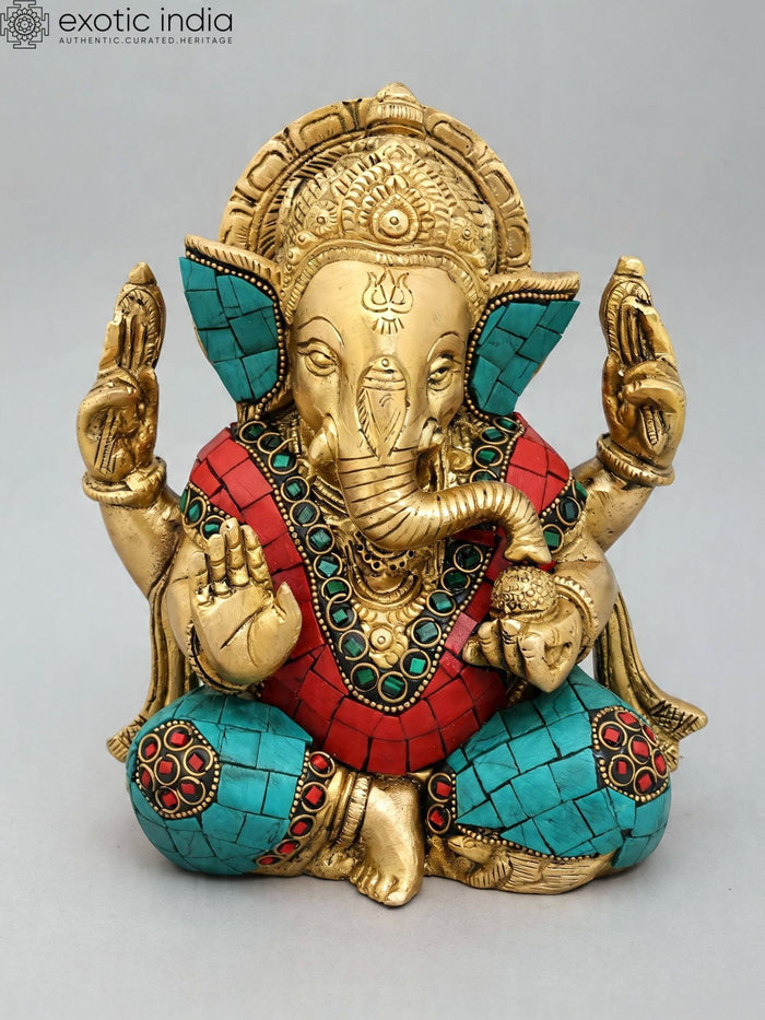 6" Small Blessing Lord Ganesha Brass Statue with Inlay Work