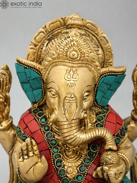 6'' Small Blessing Lord Ganesha | Brass Statue with Inlay Work