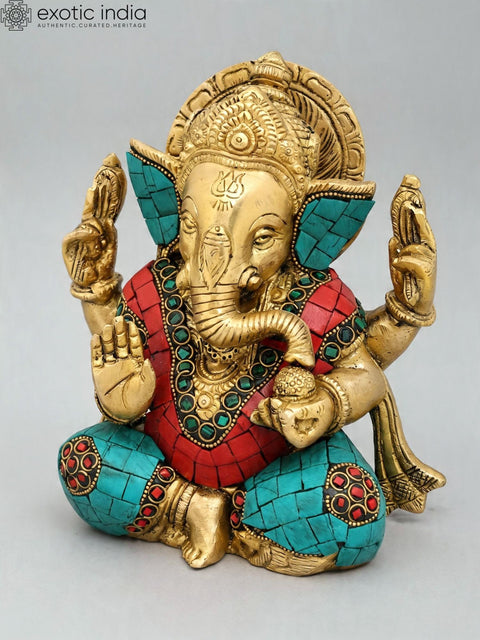 6'' Small Blessing Lord Ganesha | Brass Statue with Inlay Work