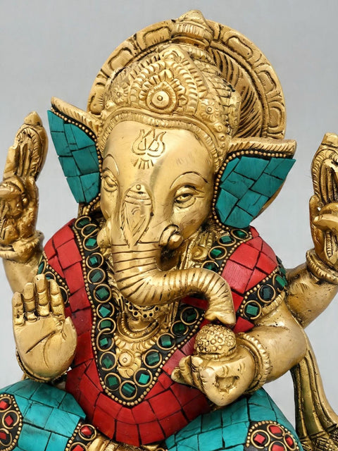 6'' Small Blessing Lord Ganesha | Brass Statue with Inlay Work