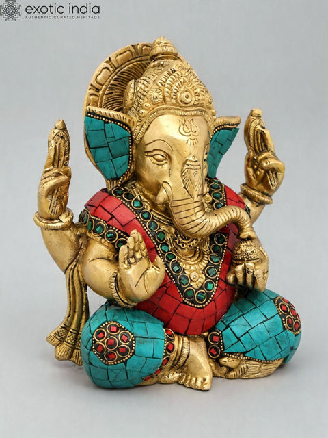 6'' Small Blessing Lord Ganesha | Brass Statue with Inlay Work