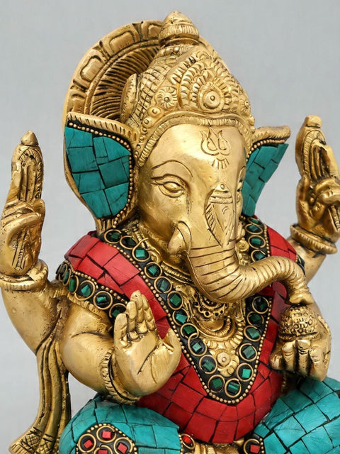 6'' Small Blessing Lord Ganesha | Brass Statue with Inlay Work