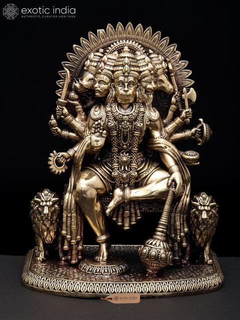 8'' Superfine Ten Armed Panchamukhi Hanuman Seated on Throne | Brass Idol